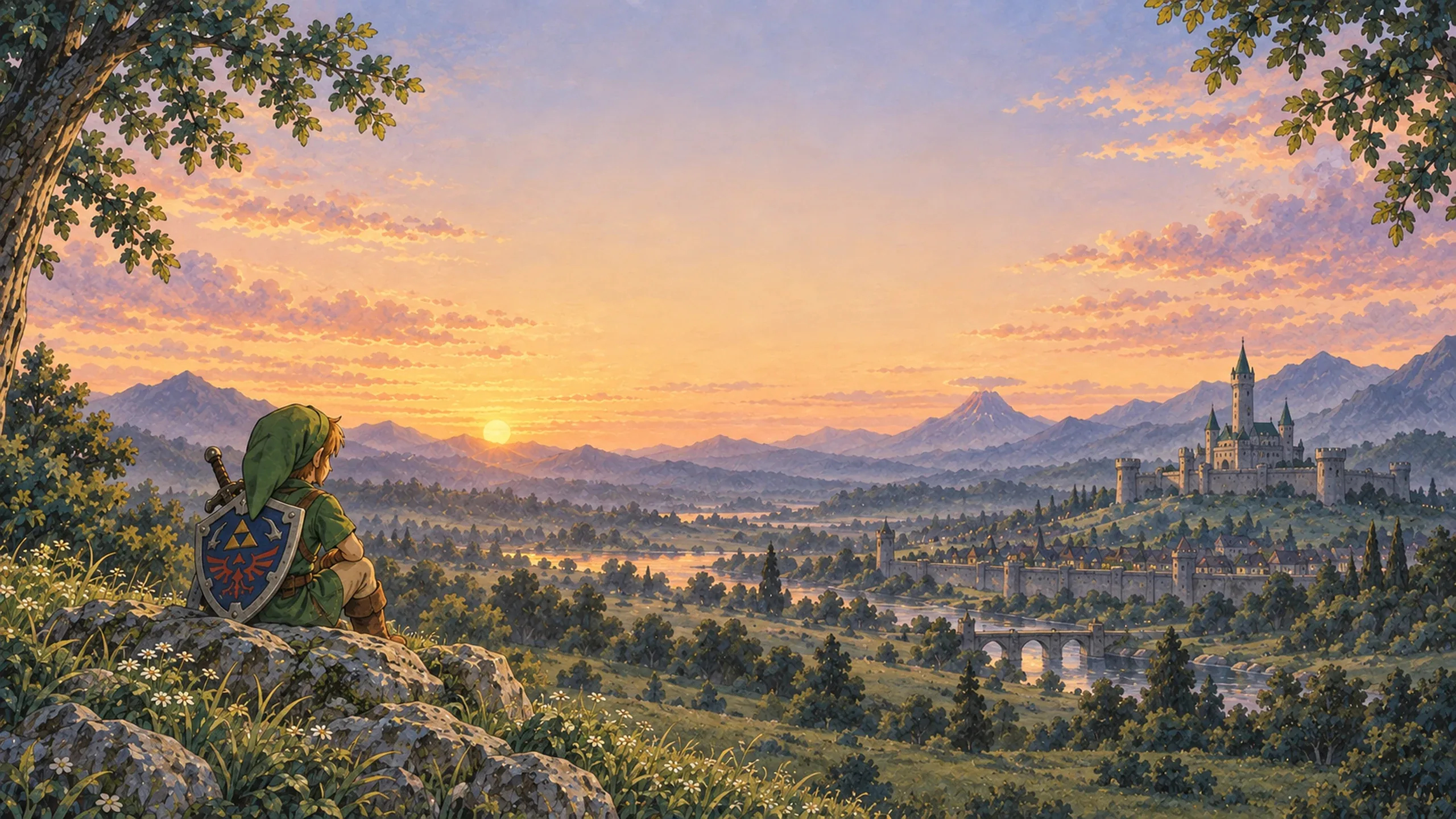 Young Link sits on rocks at sunset with the Hylian Shield on his back, looking across Hyrule Field towards Hyrule Castle