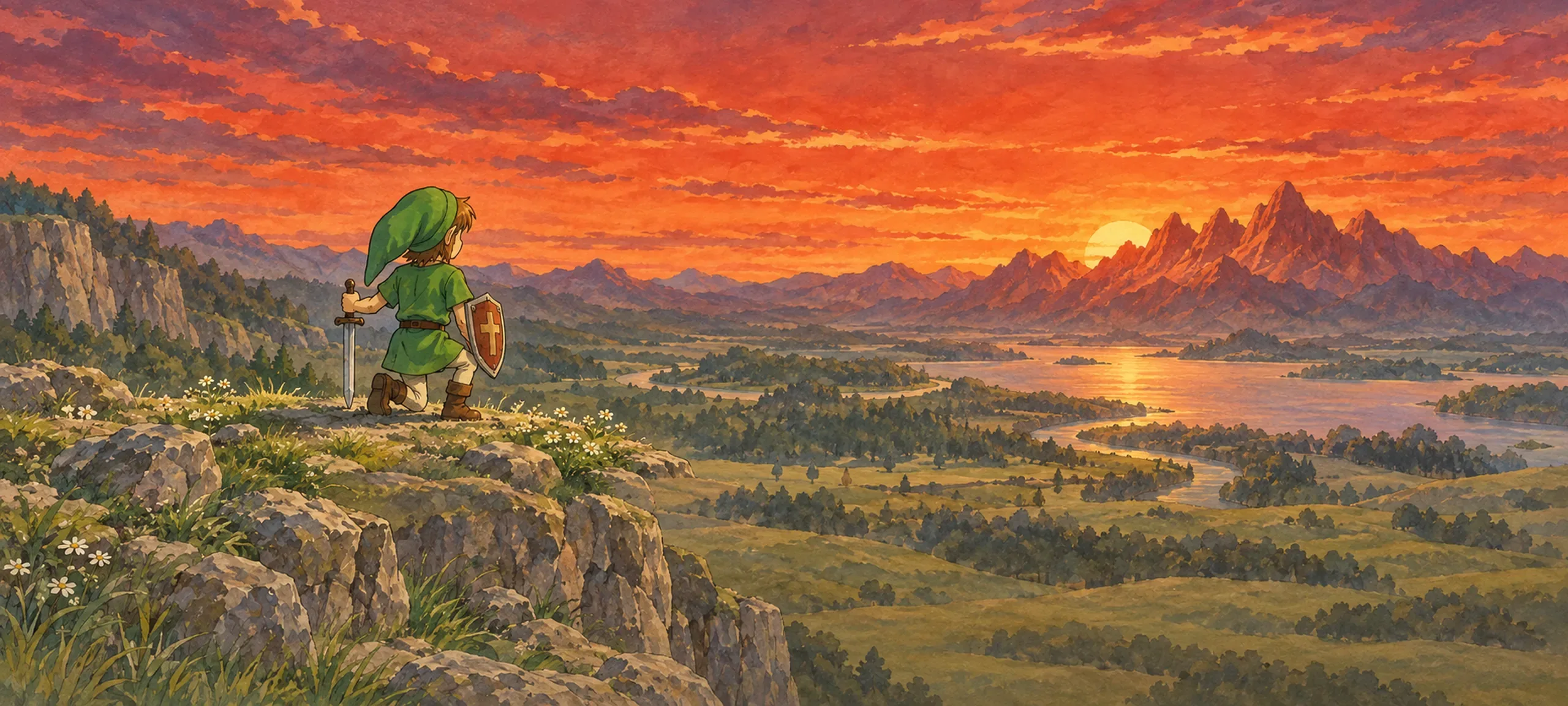 Link kneels on a rocky cliff at sunset, sword in hand, looking out over the woods and lakes of Hyrule towards Death Mountain